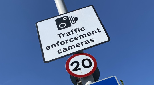 Signage promoting school streets camera enforcement
