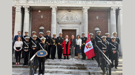 Photo of the Mayor and Mayoress with the crew of BAP Union on the steps of the Williamson Art Gallery