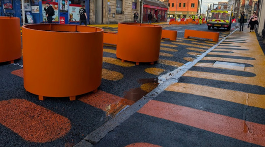 Photo of the coloured road markings on Grange Road West