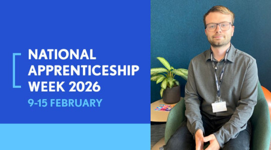 Text reads: National Apprenticeship Week 2026, 9-15 February. The image features a young man smiling at the camera