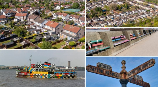 Collage of photos from Wirral including: overhead shots of residential areas, colourful benches on the seaside, the Mersey Ferry and a rusty sign
