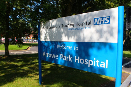 The entrance sign at Arrowe Park Hospital