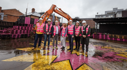 At future yard, From Left: Richard Brown Arts Council England, Craig Pennington co-founder Future Yard, John Whaling Chair of Future Yard, Alison McGovern MP Birkenhead, Metro Mayor Steve Rotheram, Christopher Torpey co-founder, and chair of Wirral Council's Economy, Regeneration and Housing Committee Cllr Mark Skillicorn