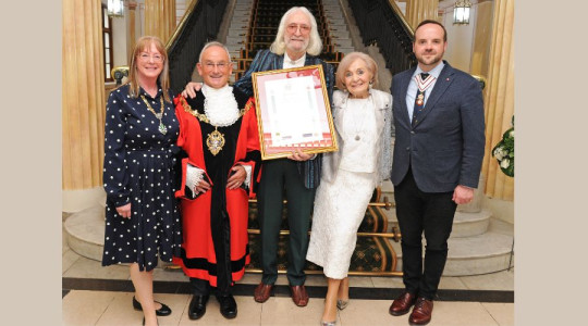 Photo of Mayoress of Wirral, Mayor of Wirral, Charlie Landsborough, Thelma Landsborough, and the Lord Lieutenant of Merseyside.