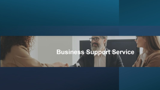 Photo of business people shaking hands, with text 'business support service'
