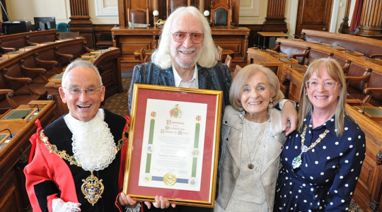 Charlie Landsborough pictured with the Freedom scroll with wife Thelma, and the Mayor and Mayoress of Wirral