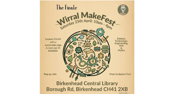 A graphic promoting the Wirral Makefest event at Birkenhead library
