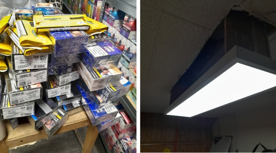 Two photos showing seized cigarettes and a concealed storage unit operated by remote-control from a ceiling light