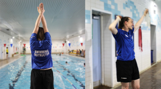Swimming instructor stretching arms up to show how to dive