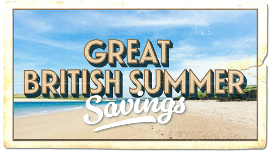 Graphic in the style of a retro postcard with the words: Great Summer Savings