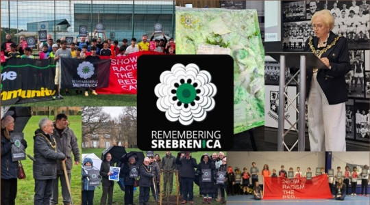 Image shows the Remembering Srebrenica logo surrounded by photos of recent memorial events