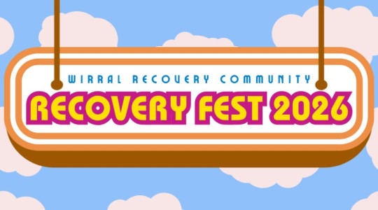 Recovery Fest 2026 sign on a background of illustrated clouds