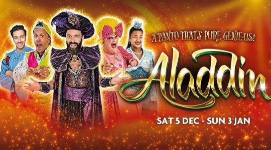 Panto graphic including a photo of the cast and the word Aladdin