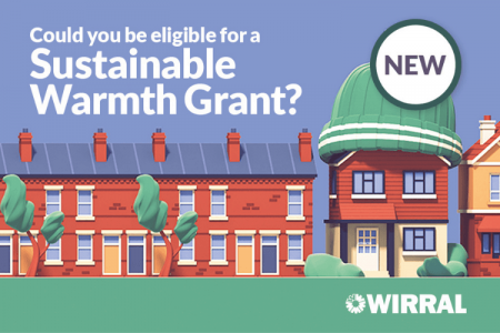 Graphic of a row of houses and one with a bobble hat on with the text 'Could you be eligible for a Sustainable Warmth Grant?'