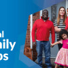Two parent family standing on their front door step with two children, on a blue graphic background white text reads Wirral Family Hubs