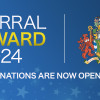 Graphic with the wording Wirral Award 2024 Nominations Are Open Now and a picture of Wirral's civic crest