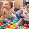 Two toddlers playing with balls and xylophone sitting on floor at nursery