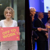 2 photos of a blonde lady, one holding up a sign saying 'off to work' and the other receiving an award