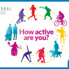 Colorful silhouettes of people doing various activities like running, cycling, and walking around the text “How active are you?” with Active Wirral and Sport England logos.