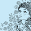 Illustrated girl with sad expression in a patterned winter hat and coat, surrounded by intricate snowflake-like designs on a light blue background