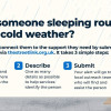Graphic with rain and a person sitting under a blanket. Text explains how to help rough sleepers via StreetLink: 1) Locate – send a pin and location, 2) Describe – give details, 3) Submit – alert goes to outreach teams. Website: thestreetlink.org.uk.