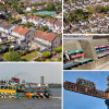 Collage of photos from Wirral including: overhead shots of residential areas, colourful benches on the seaside, the Mersey Ferry and a rusty sign