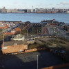 An ariel view of Woodside showing the roads leading up to the ferry terminal and the view across the river to Liverpool
