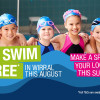 Kiods swim free graphic with a row of young people in swimming costumes and hats