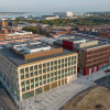 The council's flagship office buildings, Mallory and Irvine, shown from above with Birkenhead's waterfront in the background