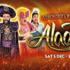 Panto graphic including a photo of the cast and the word Aladdin