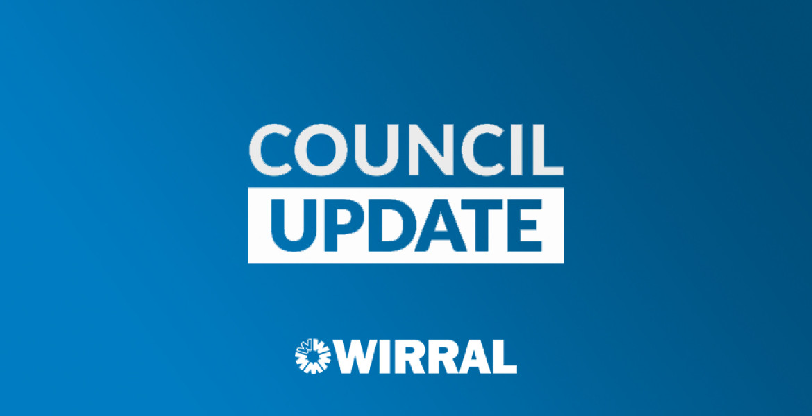 blue background with the words council update in white text, the wirral logo underneath