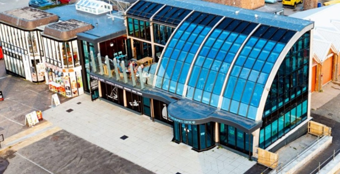 An aerial shot of Wirral Watersports Centre building in West Kirby