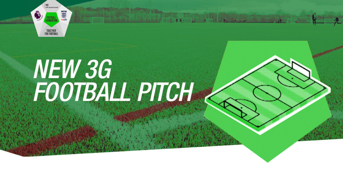 green graphic football pitch with text 'new 3g football pitch'