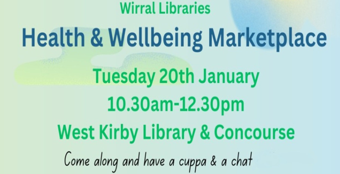 Graphic promoting Health and Wellbeing event at West Kirby library