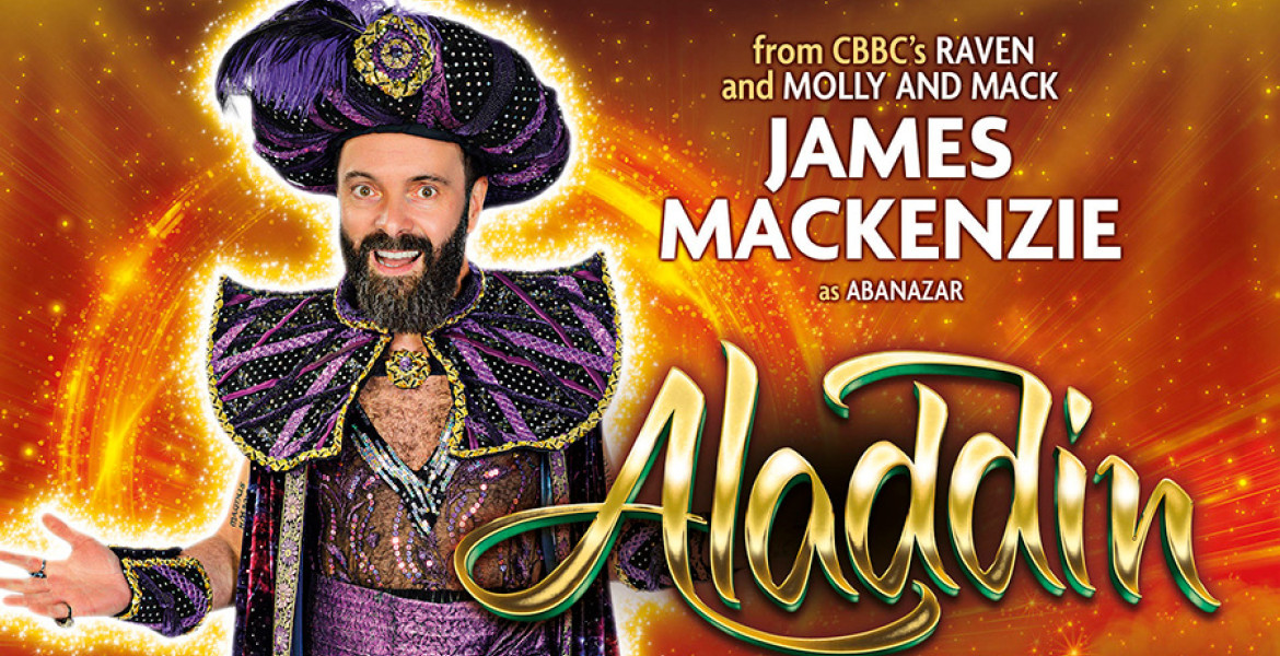 graphic with image of James Mackenzie in an Abanazar costume