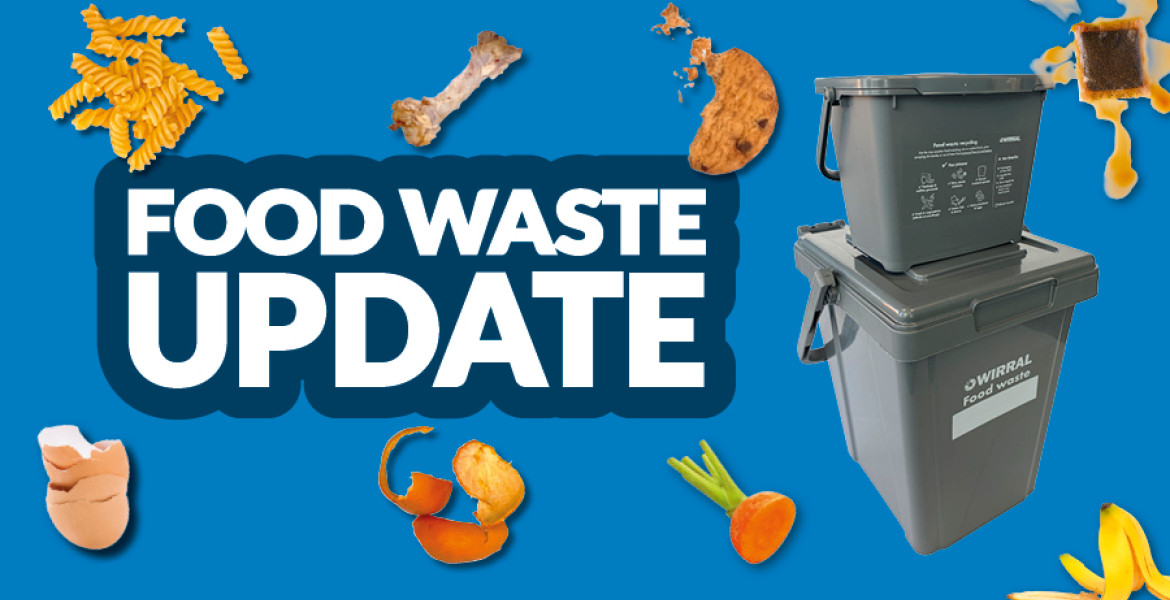 Food waste update graphic, with a food waste caddy on a wheelie bin