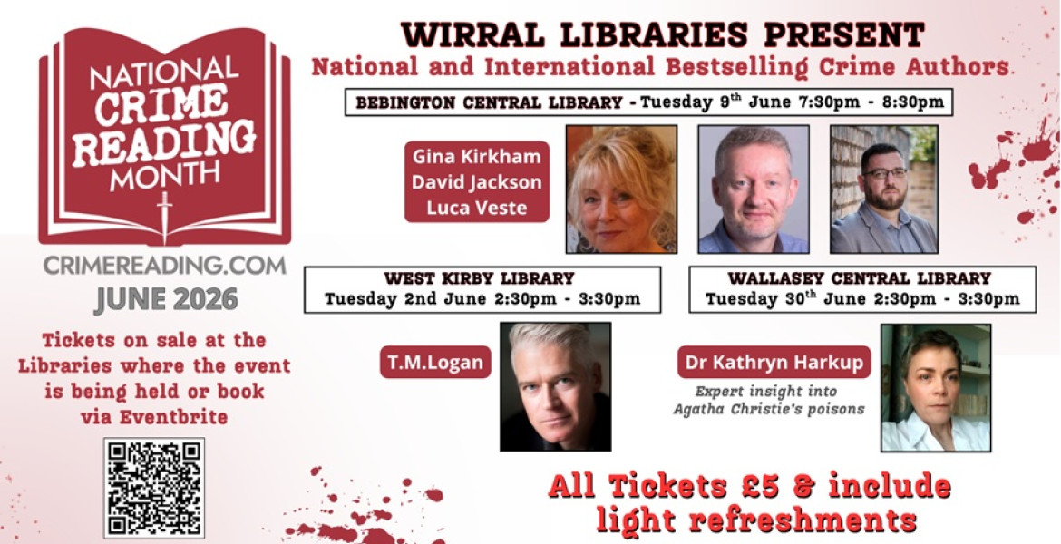 A poster advertising the Wirral Libraries Crime Writers month