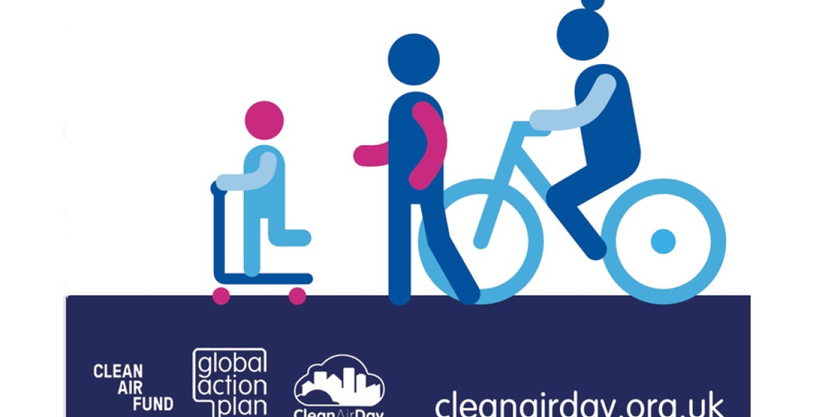 A graphic depicting scooting, walking and cycling for Clean Air Day