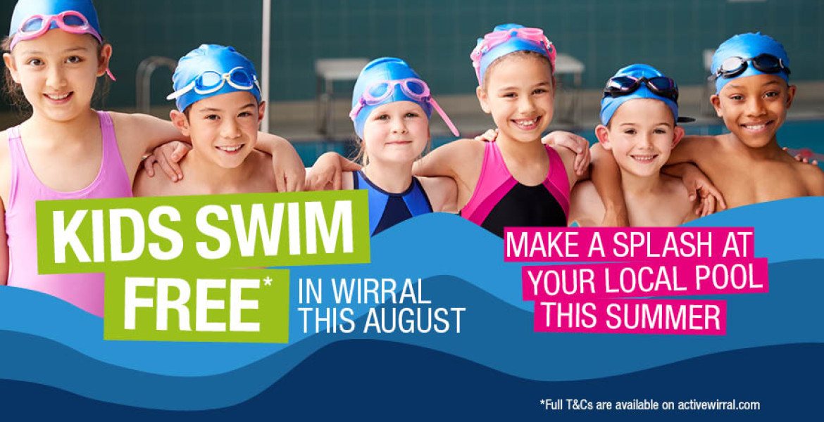Kiods swim free graphic with a row of young people in swimming costumes and hats