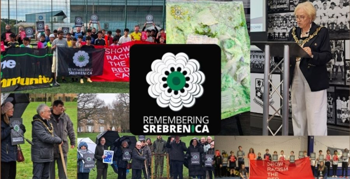 Image shows the Remembering Srebrenica logo surrounded by photos of recent memorial events