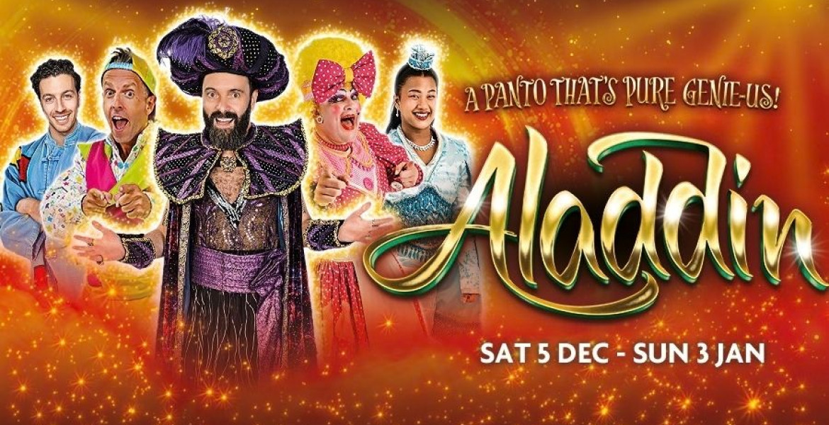Panto graphic including a photo of the cast and the word Aladdin