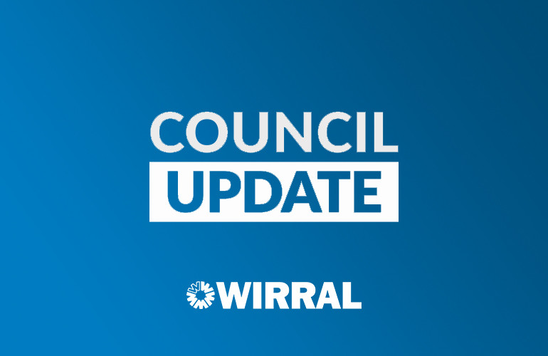 blue background with the words council update in white text, the wirral logo underneath
