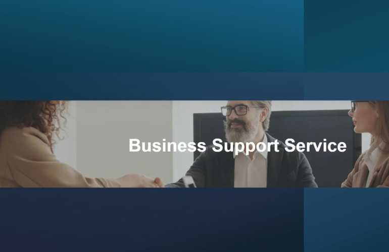 Photo of business people shaking hands, with text 'business support service'